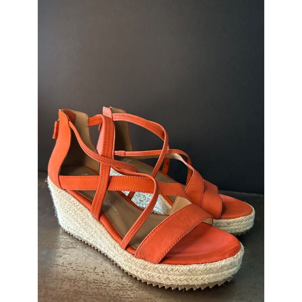 Eileen Fisher Wedge Sandal 7.5 Espadrille Strappy Summer Chic Orange Red Wanda
